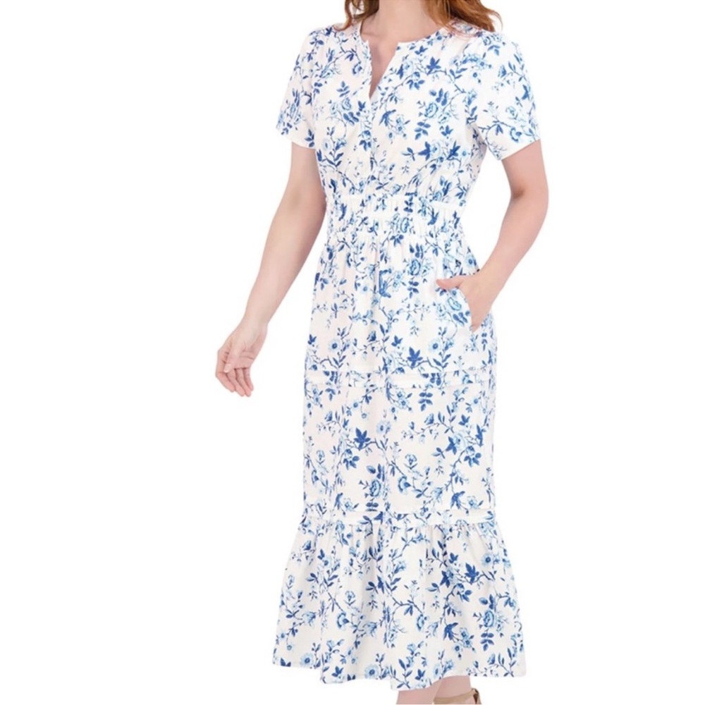 French Connection Blue and White Floral Midi Dress - Picture 3 of 7